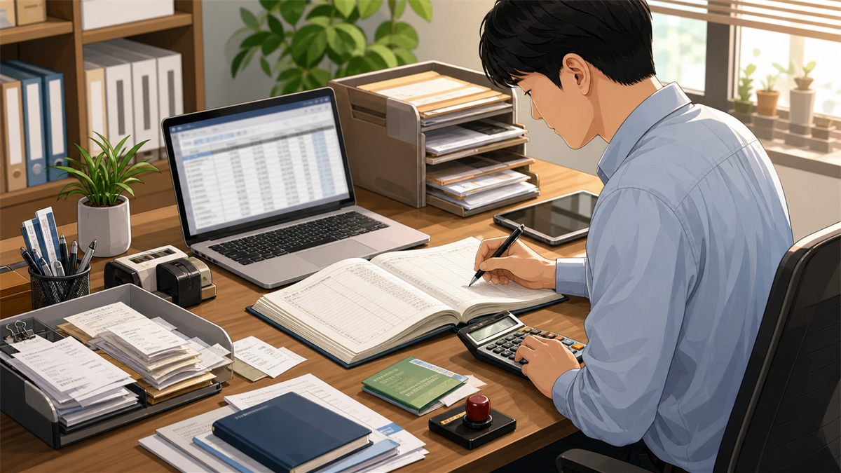 간편장부 대상자 기준 관련 세무 자료를 검토하는 사진 또는 디테일 일러스트