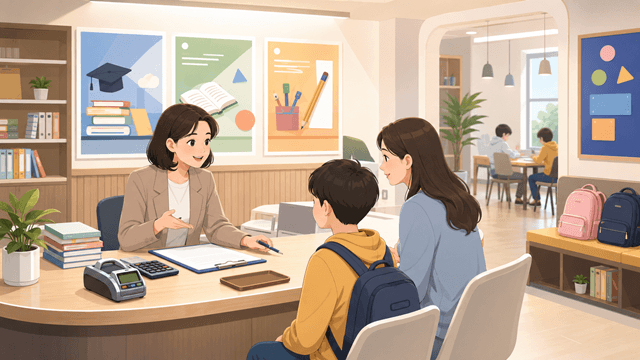 학원 상담 데스크에서 학부모와 학생이 상담을 받는 모습의 2D 일러스트