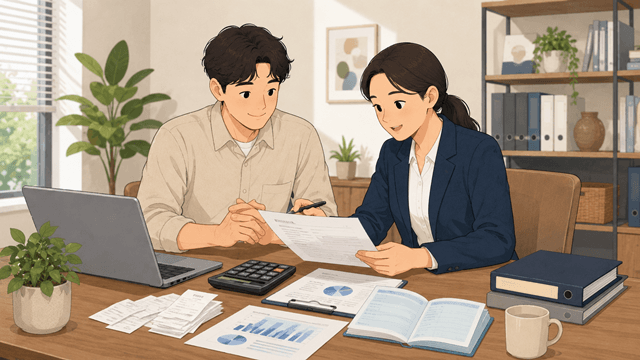 사업자와 상담자가 사무실에서 영수증과 매출 자료를 함께 검토하며 현금영수증 매출 누락을 확인하는 모습의 2D 일러스트