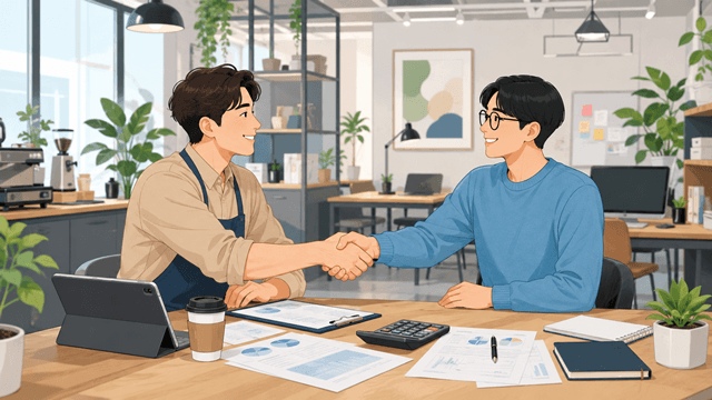 사업소득 간이지급명세서 관련 상담을 위해 사업자와 프리랜서가 악수하는 모습의 2D 일러스트