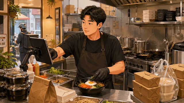 배달앱 주문을 확인하며 주방에서 음식을 준비하는 자영업자 2D 일러스트