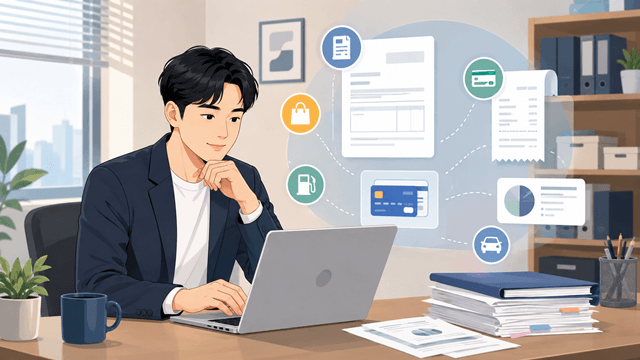 노트북으로 전자세금계산서와 카드 사용내역 등 디지털 매입자료를 확인하는 사업자 일러스트