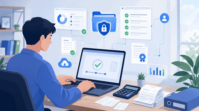 Business owner managing withholding tax filing documents in a digital system