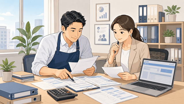 근로소득 간이지급명세서 관련 서류를 함께 검토하는 사업자와 담당자의 2D 일러스트