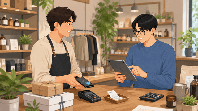 사업소득 지급 내역을 확인하며 매장 카운터에서 결제를 진행하는 모습의 2D 일러스트