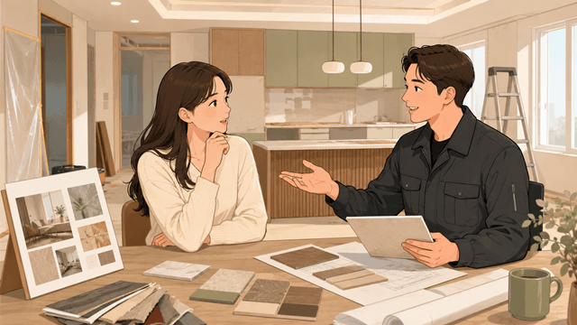주택 인테리어 현장에서 고객과 시공업자가 자재 샘플을 살펴보며 추가 공사를 협의하는 모습