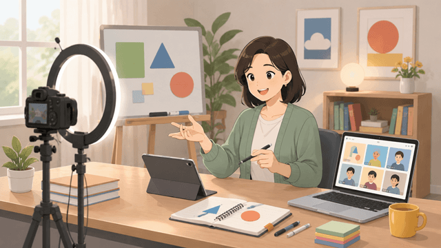 온라인 수업을 진행하는 강사가 카메라와 노트북 앞에서 설명하는 모습의 2D 일러스트