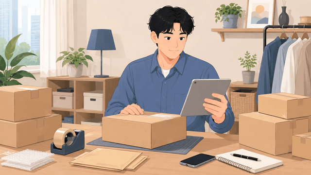 온라인 쇼핑몰 사업자가 택배 포장과 플랫폼 매출을 확인하는 모습