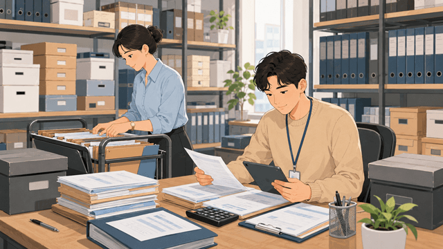 사업소득 지급자료와 관련 서류를 정리하고 검토하는 사무실 장면의 2D 일러스트
