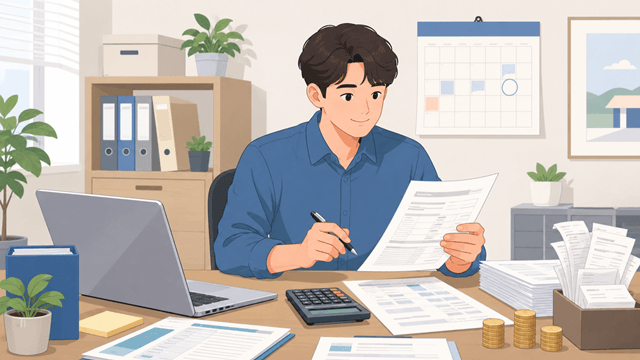 원천세 반기납부 신고를 위해 급여 자료와 세금 서류를 검토하는 소규모 사업자