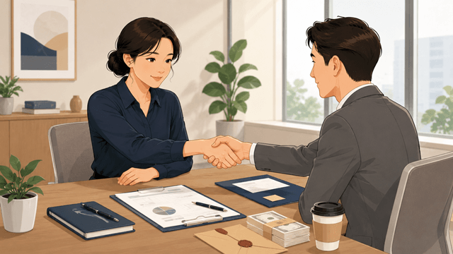 서비스업 사업자와 고객이 계약서를 확인하고 악수하는 모습