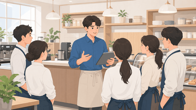 원천세 반기납부 대상 여부를 확인하기 위해 카페 직원들과 회의하는 소규모 사업자