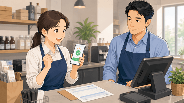 소상공인 매장에서 급여 또는 지급 확인을 완료하고 확인 화면을 보는 2D 일러스트
