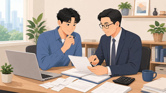 간이과세자 부가세 신고 자료를 세무 전문가와 함께 검토하는 모습