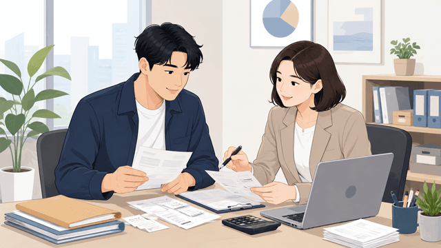 세무대리인과 함께 상반기 매입자료와 영수증을 검토하는 사업자 상담 일러스트