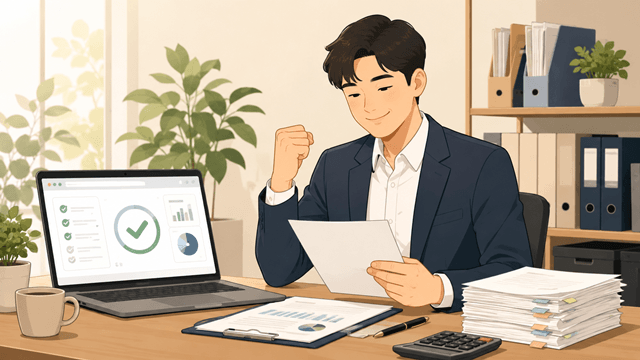 부가세 신고 전 최종 자료 검토를 마치고 신고 준비를 완료한 사업자 일러스트