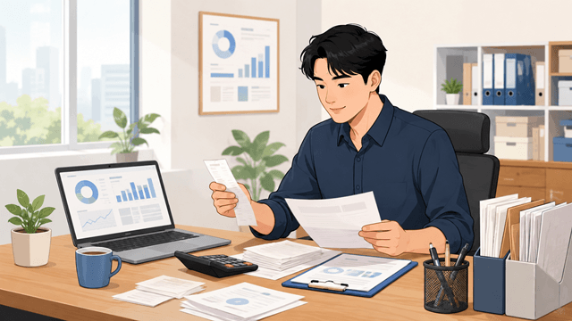 부가세 환급 관련 서류와 영수증을 검토하는 남성 사업자 2D 일러스트