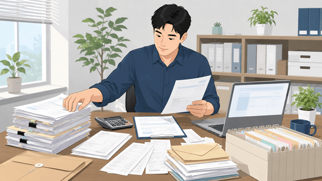 Office worker reviewing withholding tax documents and organizing paperwork at a desk