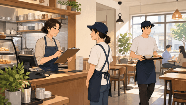카페에서 매니저가 직원의 근무 내용을 확인하며 일용근로소득 지급명세서 제출 준비를 하는 모습