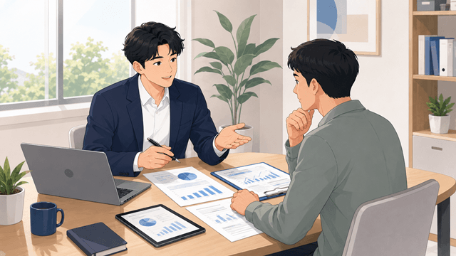 기타소득 신고와 제출 절차를 상담하는 회의 장면 2D 일러스트