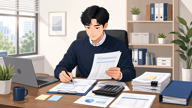 기타소득 간이지급명세서 관련 서류를 검토하는 직장인 2D 일러스트
