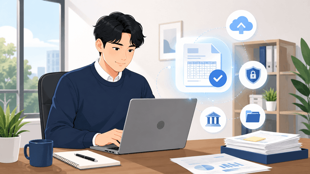 노트북으로 기타소득 간이지급명세서를 온라인 제출하는 장면 2D 일러스트