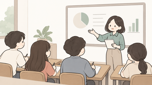 교실에서 강사가 학생들에게 수업을 진행하는 모습의 2D 일러스트