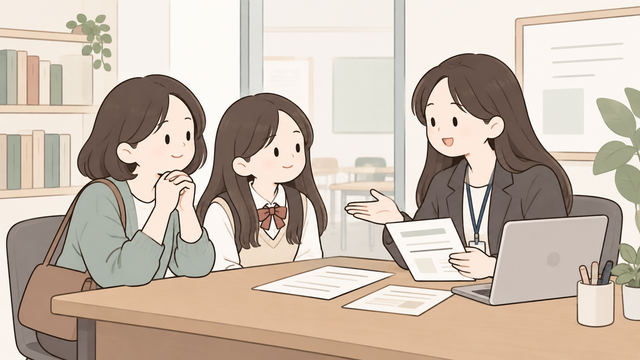 학원 상담 데스크에서 학부모와 학생이 상담을 받는 모습의 2D 일러스트