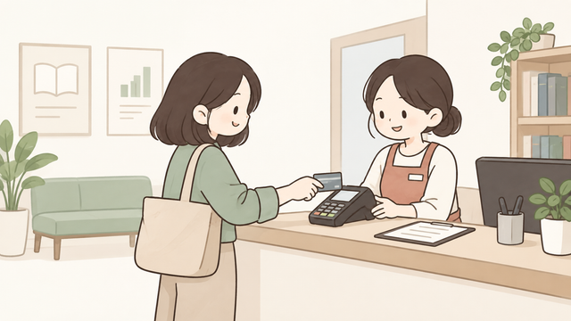 학원 접수처에서 학부모가 카드로 수강료를 결제하는 모습의 2D 일러스트