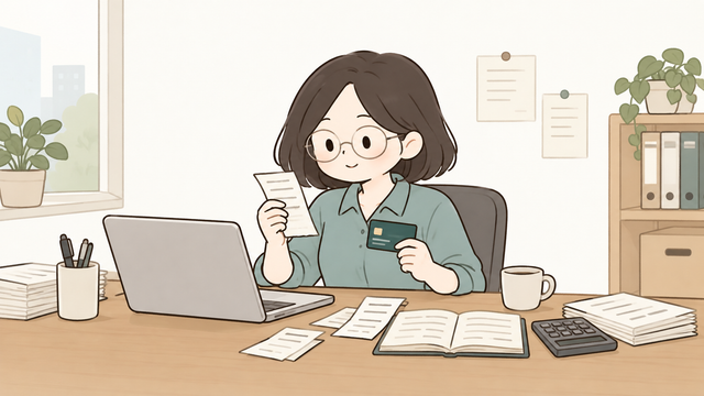 사무실에서 영수증과 사업용 신용카드 공제자료를 확인하는 개인사업자