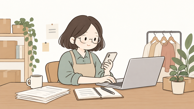 스마트폰과 노트북으로 사업용 신용카드 거래내역을 조회하는 여성 사업자