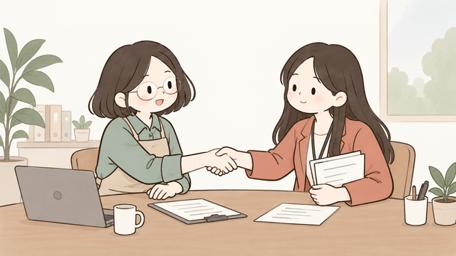 사업소득 간이지급명세서 관련 상담을 위해 사업자와 프리랜서가 악수하는 모습의 2D 일러스트