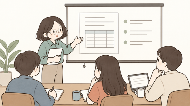 사업소득 간이지급명세서 작성 기초를 설명하는 프레젠테이션 장면의 2D 일러스트