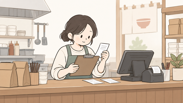 포장 음식점 카운터에서 사업자가 주문 영수증과 클립보드를 비교하며 현금영수증 매출을 확인하는 모습의 2D 일러스트