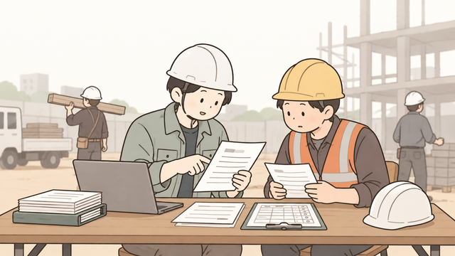 Construction site manager checking payroll records and worker attendance documents