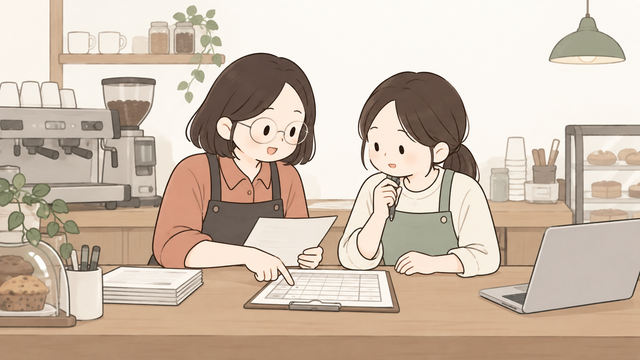 카페에서 매니저가 직원의 근무 내용을 확인하며 일용근로소득 지급명세서 제출 준비를 하는 모습