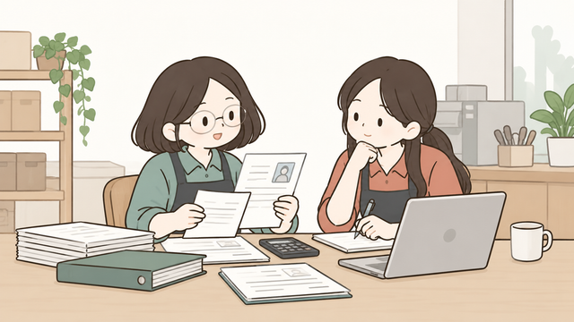 사업장에서 근로자 신분과 근무자료를 확인하며 일용근로소득 지급명세서 작성을 준비하는 모습