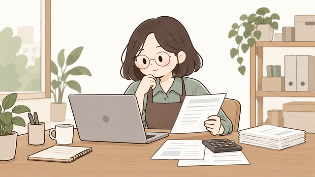 노트북으로 전자세금계산서와 카드 사용내역 등 디지털 매입자료를 확인하는 사업자 일러스트