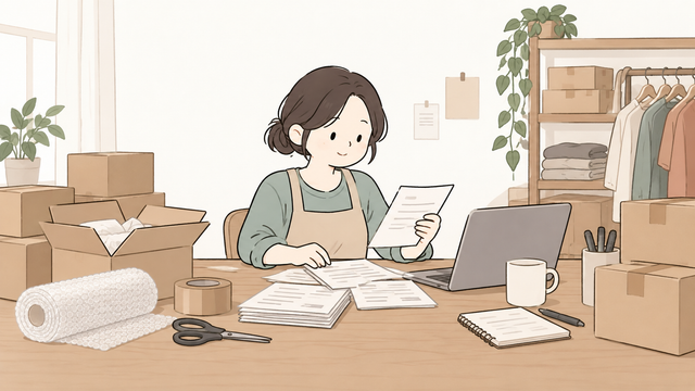 온라인 쇼핑몰 운영자가 택배 박스와 포장재, 매입 관련 서류를 정리하는 2D 일러스트