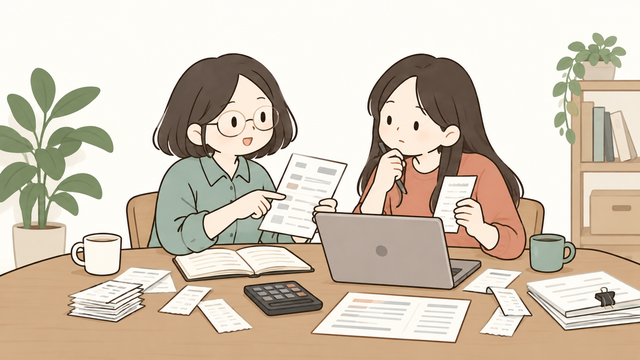 카드 내역과 영수증, 계좌 거래자료를 비교하며 사업 지출을 정리하는 모습의 2D 일러스트