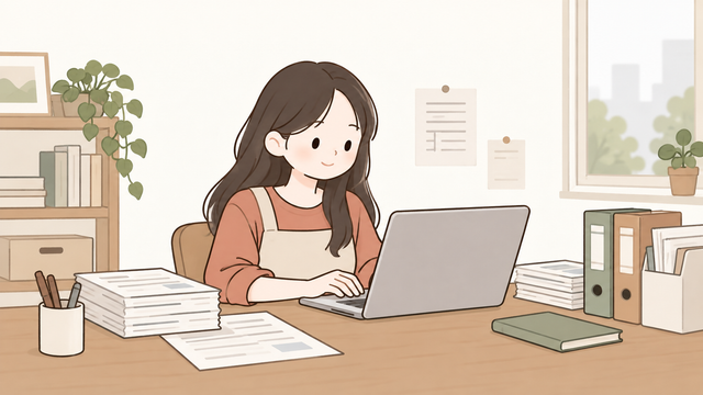노트북으로 사업소득 간이지급명세서 전자신고와 문서 관리를 하는 모습의 2D 일러스트