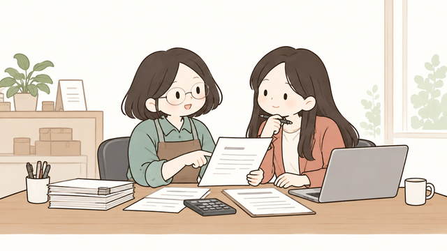 근로소득 간이지급명세서 관련 서류를 함께 검토하는 사업자와 담당자의 2D 일러스트