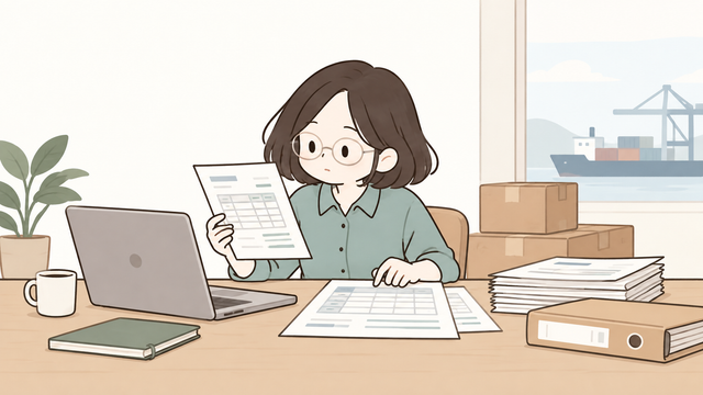 수출사업자가 인보이스와 수출실적 자료를 비교하고 확인하는 모습