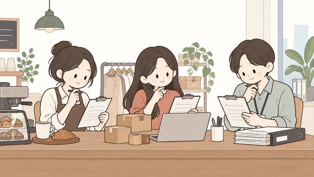 카페 사장, 온라인 판매자, 사무직 사업자가 체크리스트로 1기 부가세 확정신고 대상자를 확인하는 2D 일러스트
