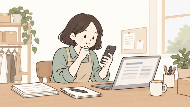 사업자가 온라인 세금 신고 화면과 모바일 앱으로 1기 부가세 확정신고 대상 여부를 확인하는 2D 일러스트