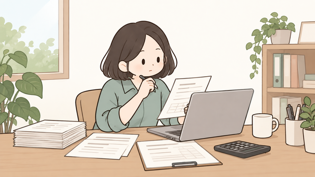 사업자가 노트북과 세금 서류를 보며 1기 부가세 확정신고 대상자 확인을 진행하는 2D 일러스트