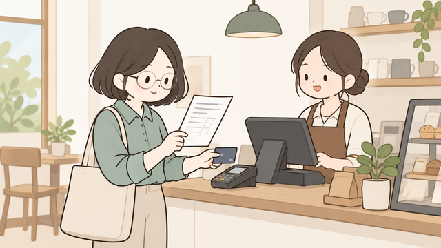 사업소득 지급 내역을 확인하며 매장 카운터에서 결제를 진행하는 모습의 2D 일러스트