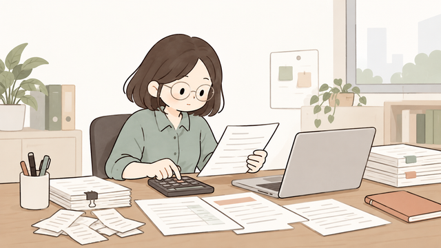 일반과세자가 사무실에서 계산기와 매출·매입 자료를 확인하며 부가세 납부세액을 계산하는 모습