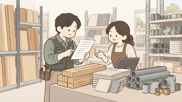 건축자재 매장에서 목재와 타일, 배관자재를 구매하고 거래 증빙을 확인하는 공사업자