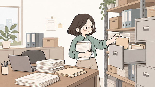 Office worker organizing withholding tax records in filing cabinets and archive shelves